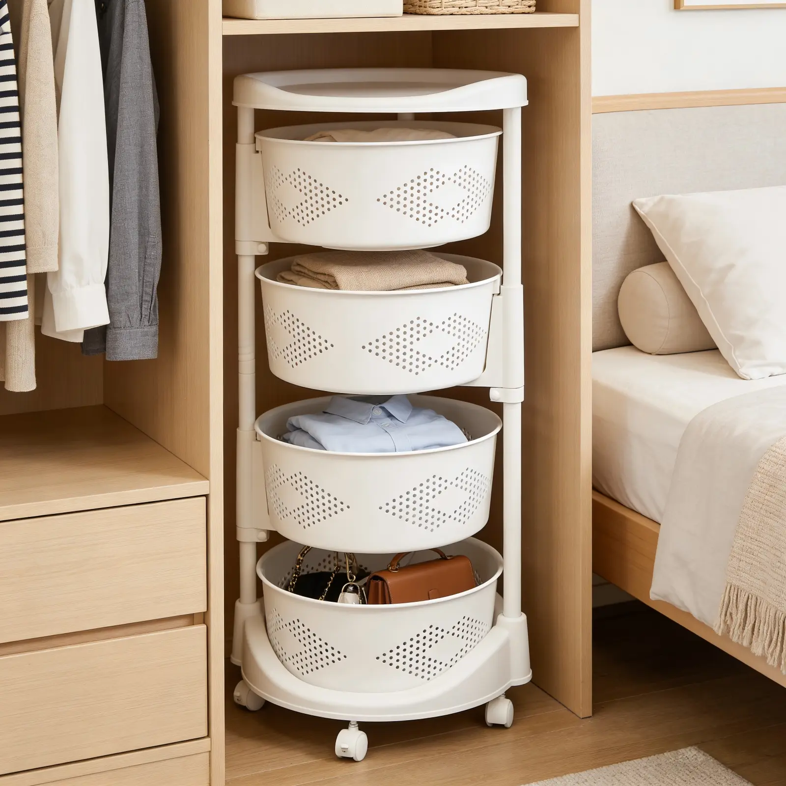 4-Tier Durable Rotatable Iron & PP Storage Rack - Round Shape Adjustable Height Baskets, 5 Swivel Wheels (2 Brake Wheels), 40kg Capacity, 270° Easy Access Home Organizer for Kitchen, Bathroom (Father Son Graduation Gift), Four Tiers