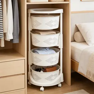 4-Tier Rotating Storage Rack with 5 Swivel Wheels (2 Locking), Adjustable Height Baskets Organizer for Kitchen Bathroom Living Room, Bedroom Office Dorm