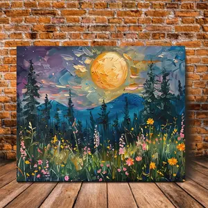 1pc Framed Canvas Moon above the Wildflowers and Woodland Print, Full Moon above Nature, Flowers and Trees, Mystical Midnight Enchanted, for Home Living Room Bedroom Decor 11.8x15.7inch T16A498, 2D Decoration Poster