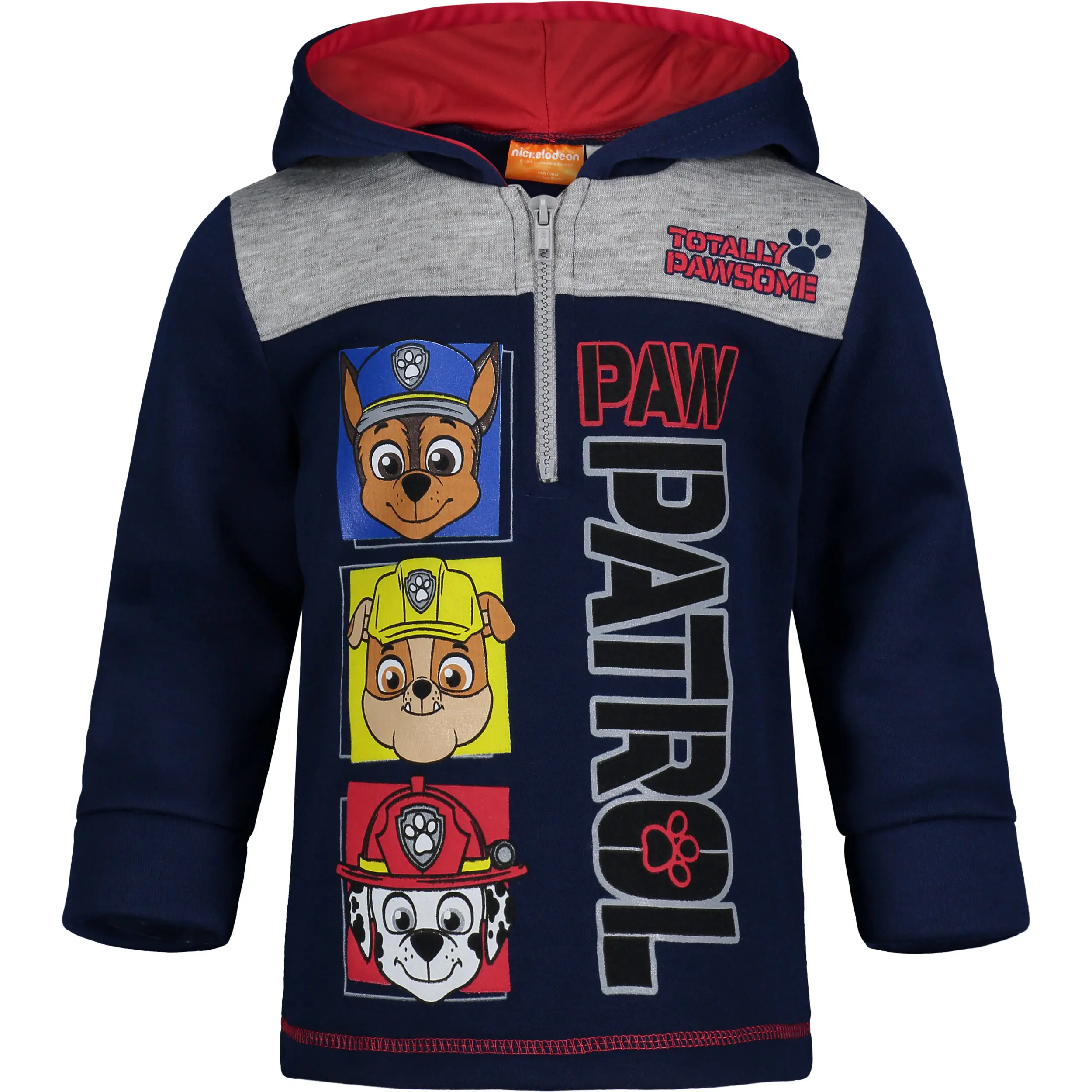 Nickelodeon Paw Patrol Boys' Hooded Neck Graphic Print Quarter-Zip Pullover Hoodie, Casual Wear, Navy Heather Grey, Toddler to Big Kid