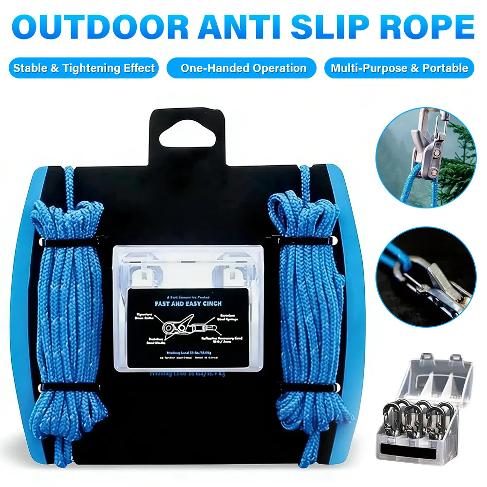 Stainless Steel Cam Rope Tensioners Kit - UV/Corrosion Proof, 2 Pcs 3-6mm Ropes, 6 Adjustable 1-Hand Operated Wind-Resistant Tighteners with Carabiner-Reel, Compact Outdoor Gadgets for Hiking, Camping Tent