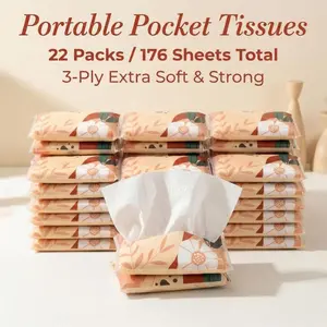 22 Pack Travel Size Pocket Tissues – 3 Ply Soft Facial Tissues (8 Count Each), Bulk Mini Tissue Packs for Car, Purse & Pocket, Wedding & Party Favors