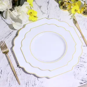 10-Pack Plastic Dessert Appetizer Plates 8" White Baroque Design with Scalloped Gold Rim - Heavy Duty Disposable Salad Plates for Buffets & Catered Events