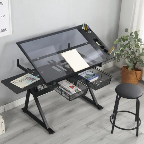 Height-Adjustable Black Tempered Glass Rectangular Drafting Printing Table with Sturdy Metal Frame, 31.5"-49.5" Height Range, Durable Good Light Transmittance Office Commercial Furniture with Assembly Required & Matching Chair