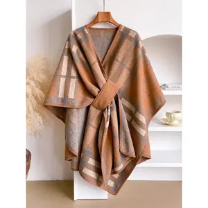 Women’s Fashion Elegant Plaid Cape, Stylish Printed Fringe Shawl, Soft Fabric, Fitted Style, Warm and Comfortable Holiday Gift, Tassel-Decorated Shawl