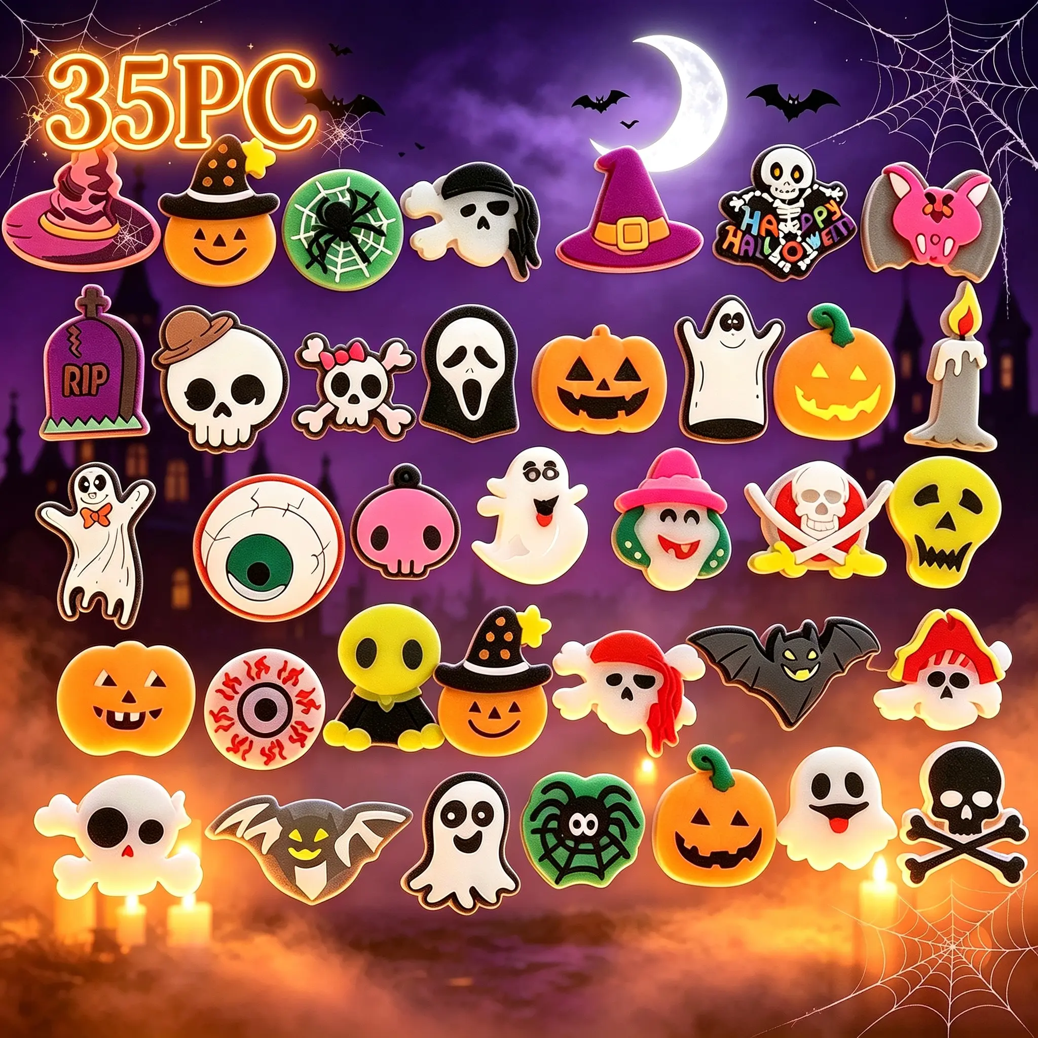 Halloween Cartoon Foam Patches (Bright Orange Pumpkin, Ghost, Bat, Witch Hat) - Main Character Energy, Baddie Vibes for Notebook, Luggage, Water Bottle - DIY Scrapbooking Stamping Accessory, Playful