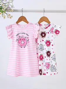 Girls' Two-Piece Striped Dress Set, Donut Print Ruffle Sleeves, Summer Essential Sleepwear, Sweet and Cute Home Dress, Cartoon Print Pajama, Pajama Sets, Summer Pjs
