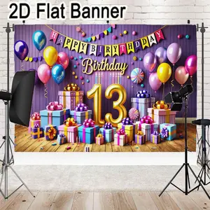 2D flat banner, 1pc13th Birthday Party Decorations Set - Golden Number 13 Banner, Colorful Gift Boxes & Balloons with Bows for 13th Birthday Celebration