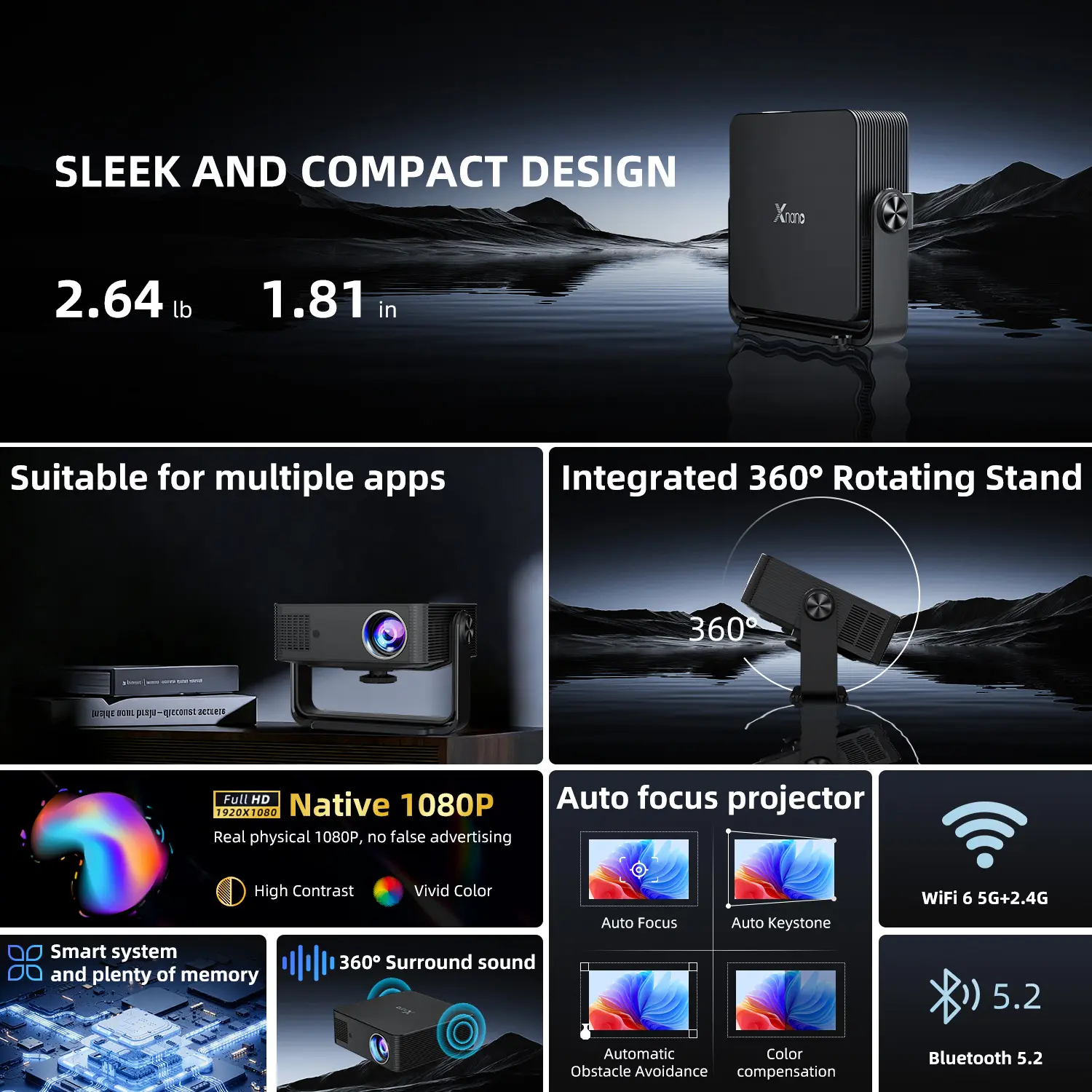 8K Support Smart Projector Native 1080P, Full HD Beamer with Auto Keystone, Voice Control, Short Throw Home Cinema Projector for Streaming & Movies