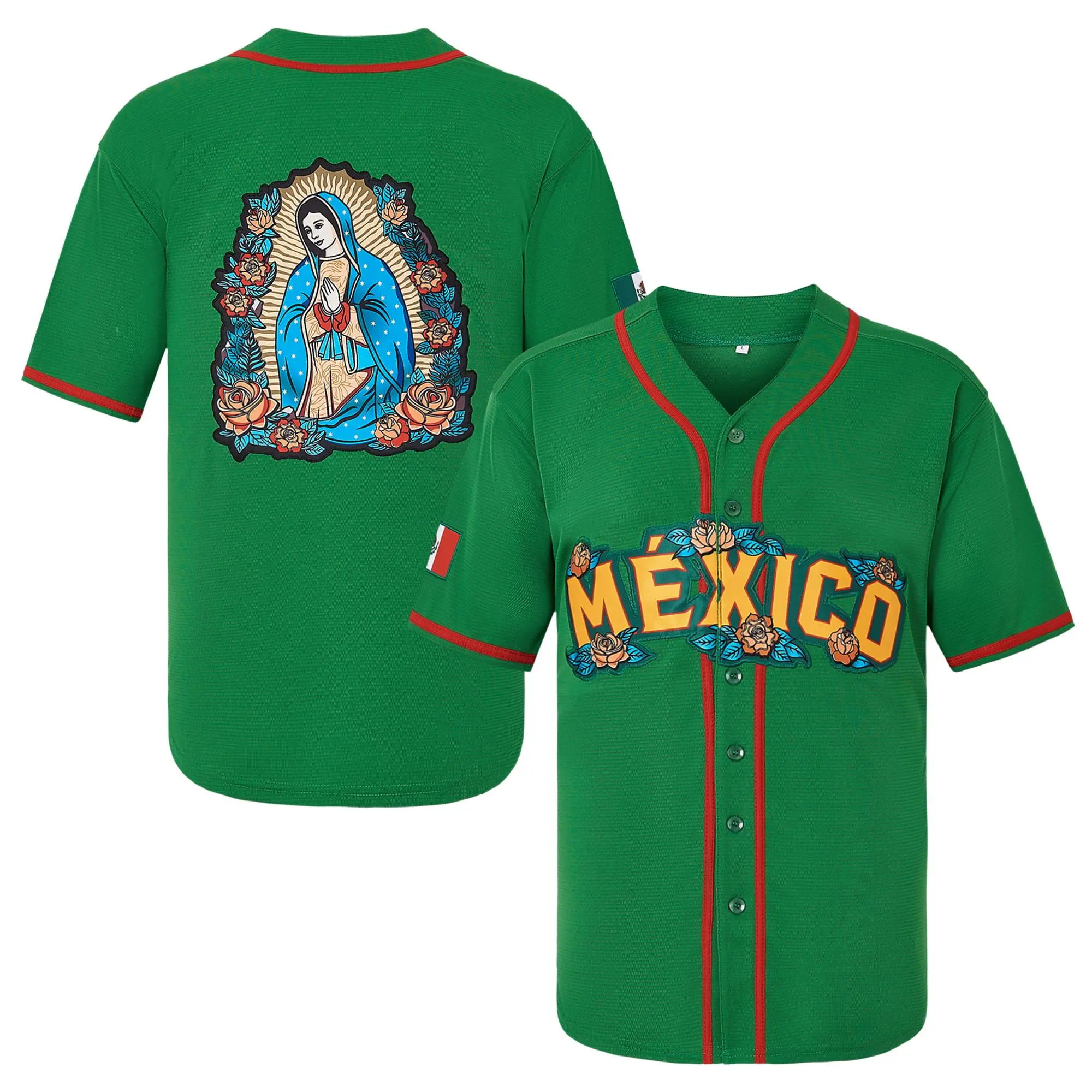 Men's Mexico Guadalupe Graphic Embroidered Baseball & Softball Home Jersey - Button-Front, Short-Sleeve, V-Neck, Quick Dry, Loose Traditional Fit Soft Breathable Athletic Top, Professional Sports Wear (Do Not Bleach, Line Dry), Dry Wicking