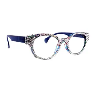 Autumn, (Bling) Reading Glasses For Women W (Full Crystals) Genuine European Crystals  Round Frame (Blue, Purple Floral) NY Fifth Avenue Lightweight