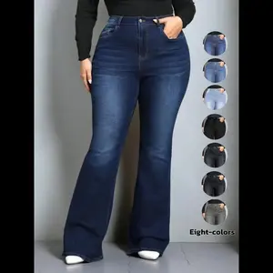 ��Plus Size�� Plain Pocket Button Flare Leg Stretchy Jeans, Casual Comfy Bell Bottom Denim Pants for Daily Wear, Women's Plus Clothing for All Seasons