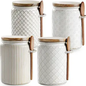Canisters Sets for the Kitchen, 20 oz Sugar Coffee Tea Storage Containers, Ceramic Kitchen Canisters for Countertop Set of 4 with Airtight Lids and Teaspoons