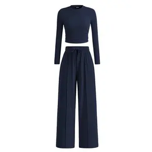 2-Piece Ribbed Knit Long Sleeve Crop Top Wide Leg Pants Matching Lounge Set Loungewear