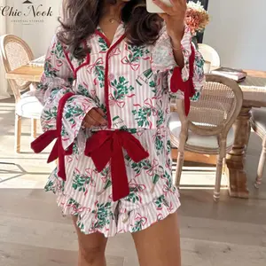 Women’s 2 Piece Pajamas Set Cute Long Sleeve Wine Striped Print Shirt + Shorts Set Lounge Clothes