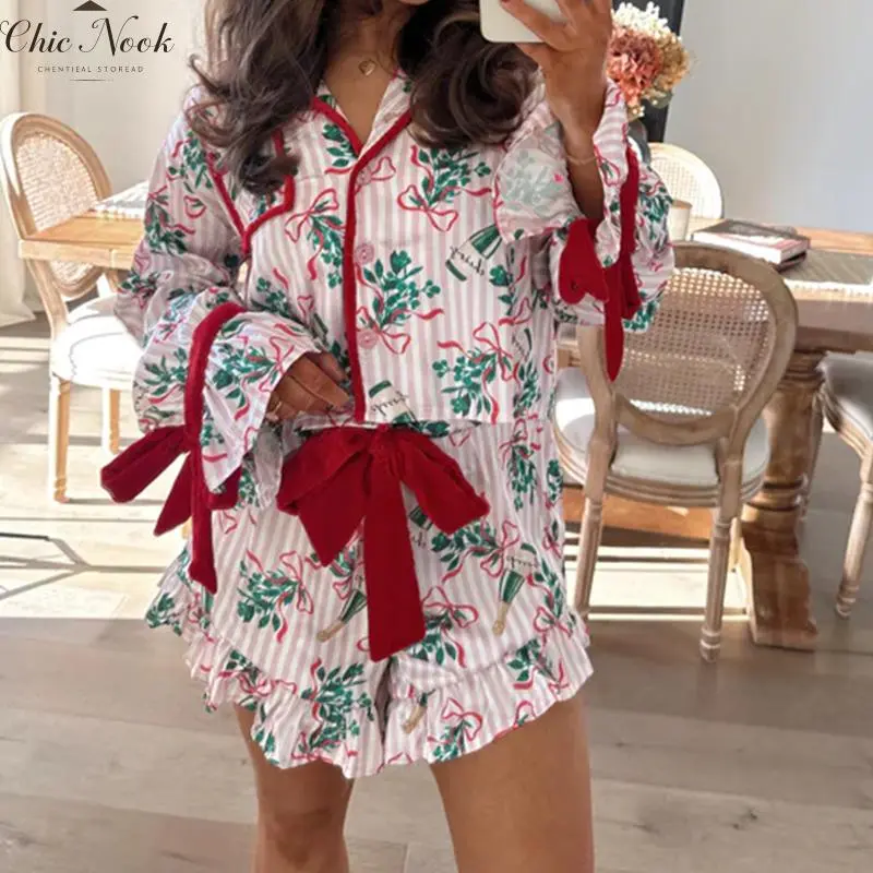 Women’s 2 Piece Pajamas Set Cute Long Sleeve Wine Striped Print Shirt + Shorts Set Lounge Clothes