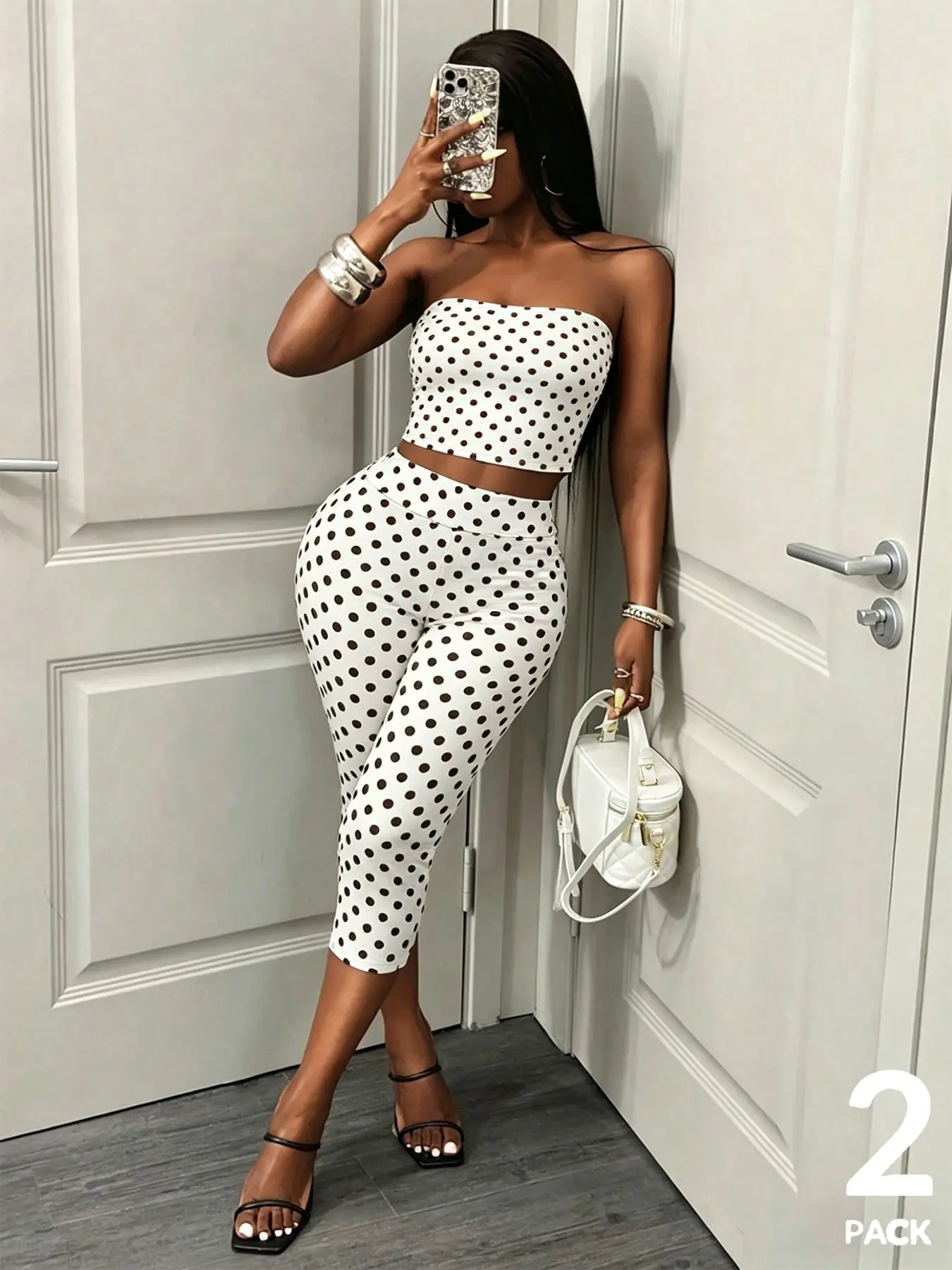 Viral 2026 Women's 2 Pack Polka Dot 2 Piece Outfits, Strapless Tube Crop Top & High Waist Capri Leggings Set, Clubwear, Parties, Daily Wear, Polka Dot Print Matching Set, Comfy High Waisted Outfit for Teen Girls & Young Women, Cute, Chic Clothes