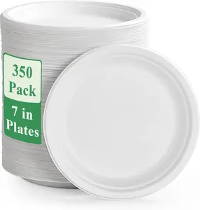 350 Pack Paper Plates 7 inch 100% Compostable, Heavy-Duty Disposable Paper Plates Bagasse Natural Biodegradable Eco-Friendly Sugarcane(White)