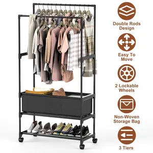 1Pc Double Rods Garment Rack with Storage Bag Portable Clothing Rack with Shelves Lockable Wheels Small Portable Closet Storage Bag Height Adjustable