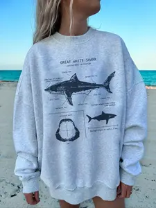 Women's Ocean Animal Shark Print Long Sleeve Knit Pullover Sweatshirt Tops, Fall & Winter Casual Loose-Fit Round Neck Jumper, Holiday Style Fabric
