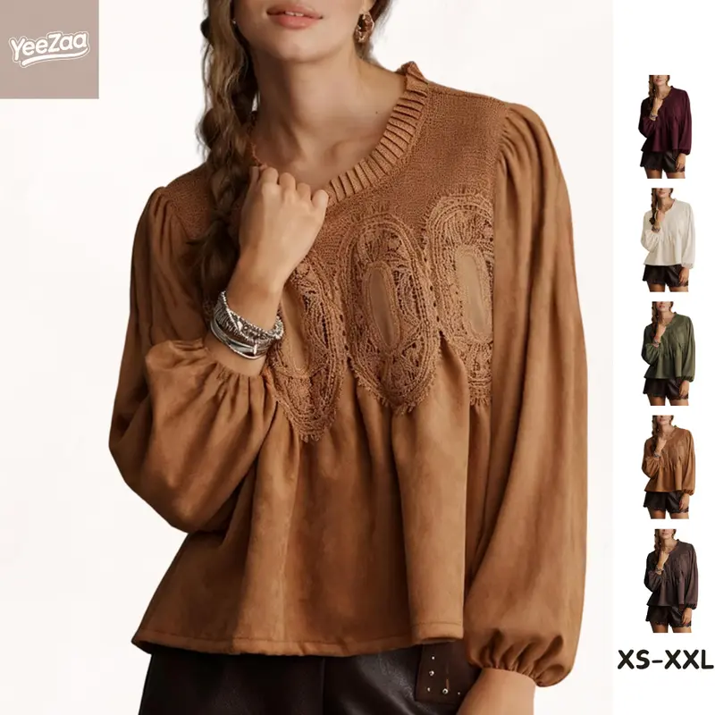 YeeZaa Lace & Suede Top for Women 2026 Fashion Fall Winter #tiktokshopstockup Faux Suede Peplum Flared Blouse Long Sleeve Crew Neck Swing Babydoll Tops Elegant Intricate Mesh Loose Shirts