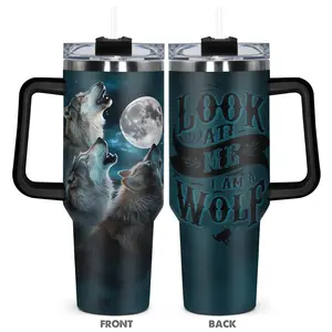 Wolf Pattern 40oz Tumbler with Lid, 1 Count Stainless Steel Water Bottle, Insulated and Durable Water Bottle, Gift for Any Occasion, Drinkware
