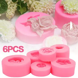 6pcs flower rose peony rose sugar soft pottery clay gypsum mold, cake shape silicone mold, flower candle moulds