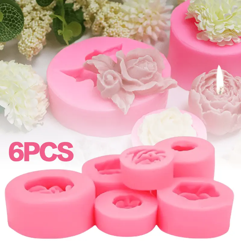 6pcs flower rose peony rose sugar soft pottery clay gypsum mold, cake shape silicone mold, flower candle moulds