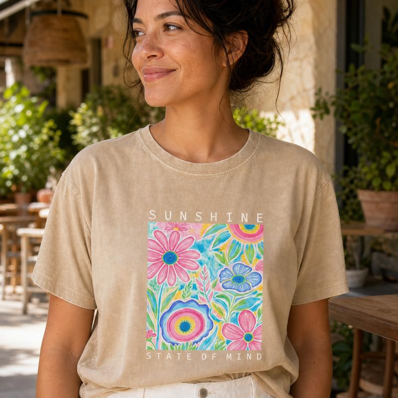 Lady's Casual Fashion Short-Sleeve Boho Floral Tshirt - Crewneck/Round Neck, Drop Shoulders, Sunshine Motif, Positive Quote Top for Summer Vacation