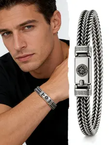Fashionable hand-woven hemp rope snake bone double chain for men, elegant and unique punk retro trend, bold and thick men's bracelet, square chain, four-way fortune chain, boyfriend gift, suitable for all occasions to wear, Cuban Link Bracelet
