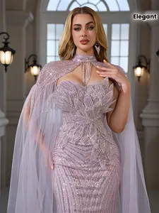 An Elegant And Sexy Evening Gown Featuring a High Neckline, 3D Petal Appliqués, And Flowing Tassels, Adorned with Sequins And Lace on The Bodice