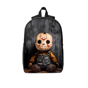 "I Was Born for Friday" Doll-Print 17-Inch Laptop Backpack: Crafted from durable polyester and featuring breathable shoulder straps, two-way zippers, and side pockets—an ideal choice for students, travelers, and horror movie enthusiasts.