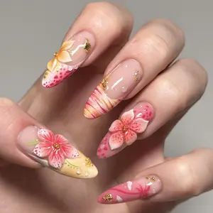 RT10 Randitoysnailss – Tropical Press-On Nails, 3D Hibiscus Flower Design, Pink Sunset Ombre Details, Gold Accent Art, Glossy Vacation Statement Nails for Summer Getaways