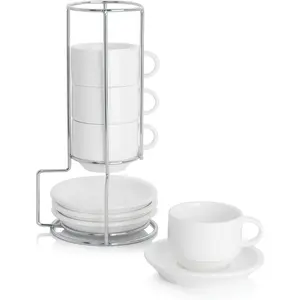 2.5 Ounce Porcelain Stackable Espresso Cups with Saucers and Metal Stand Set of 4, White