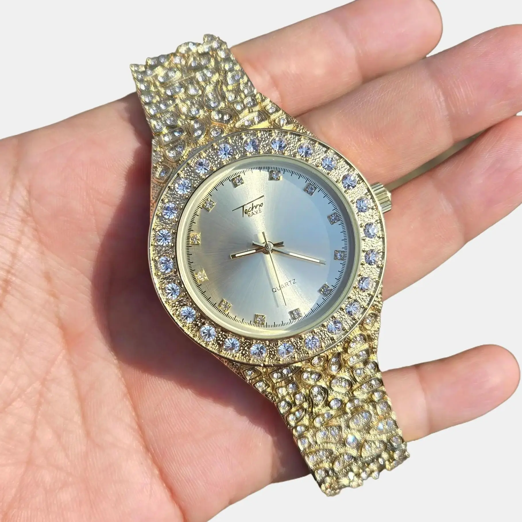 MaxBling81 Men's 43mm Round Iced Bling Nugget Analog Quartz Watch - Luxurious Hip-Hop Design, Diamond Coating, Waterproof Metal Band, Fold-Over Lock Clasp, Removable Links, Gift Box Included, Nugget Look, Bling Quartz Watches, Sparkly Quartz Watches, Crys