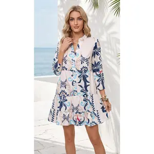Summer Dresses for Women 2026 Flowy Ruffle 3/4 Sleeve V Neck Tiered Casual Babydoll Boho Beach Mini Dress