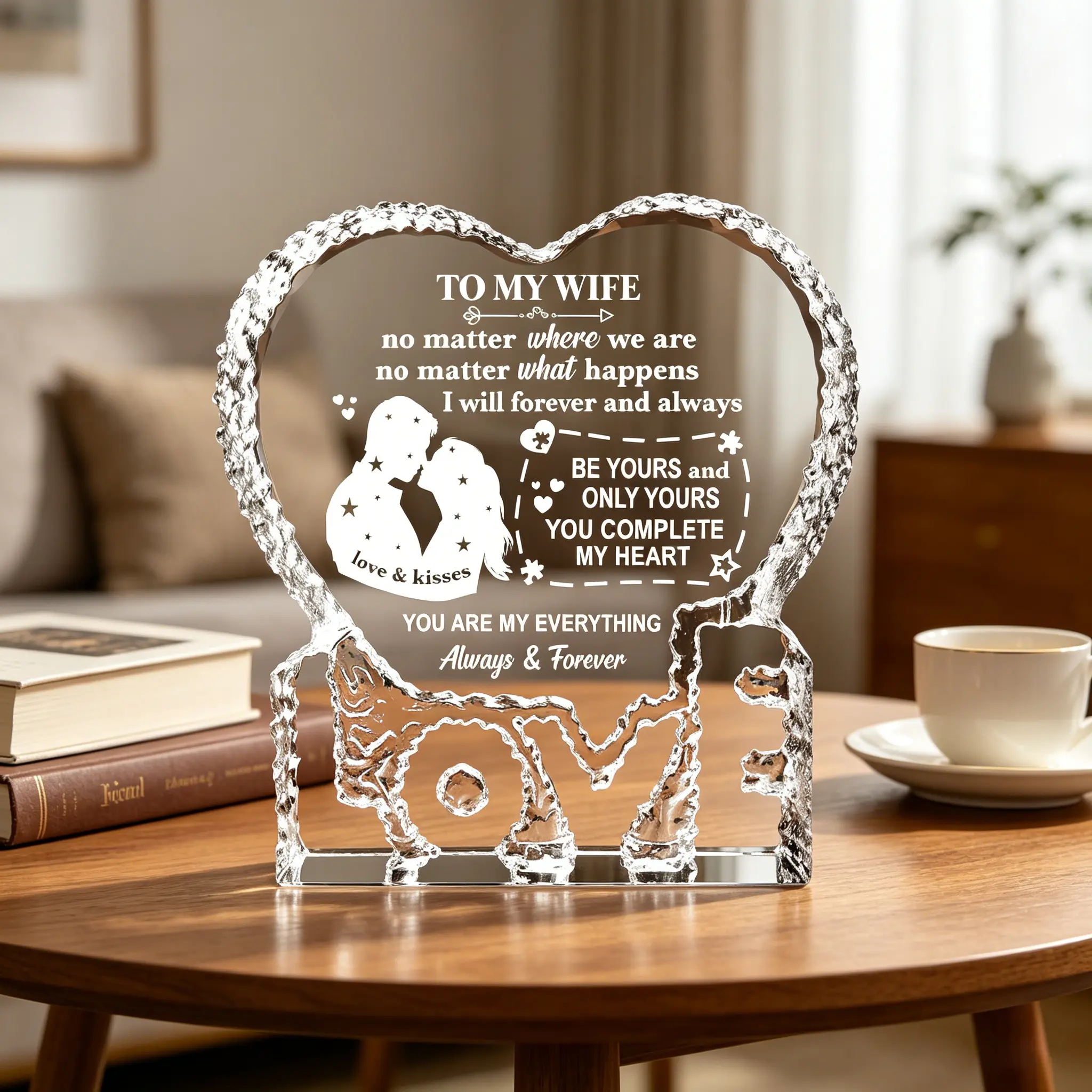 To My Wife Heart Shaped K9 Crystal Plaque, Engraved Love Quote Keepsake Desk Ornament, Romantic Anniversary Valentines Birthday Christmas Gift for Wife from Husband