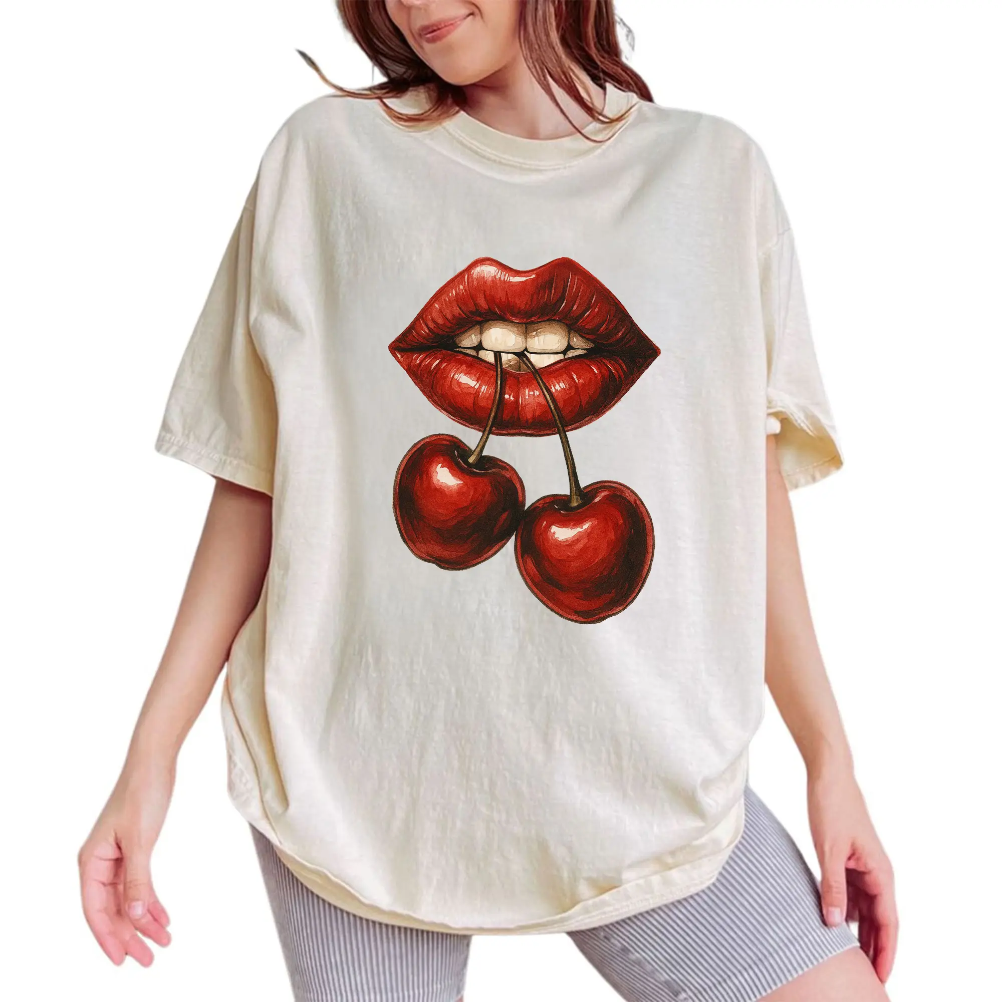 ChicCotton Cherry Lips Comfort Colors Shirt, Vintage Red Lipstick
