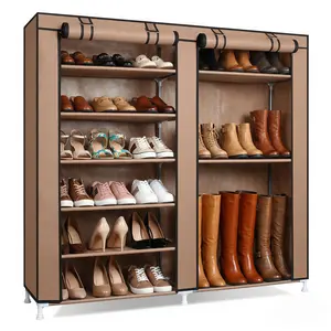 Multifunctional non-woven shoe cabinet, double-row 9 compartments, boot-style design, stackable shoe rack, vertical narrow style, dustproof, portable wardrobe, metal material, large capacity, space-saving, convenient and practical closet storage organizer