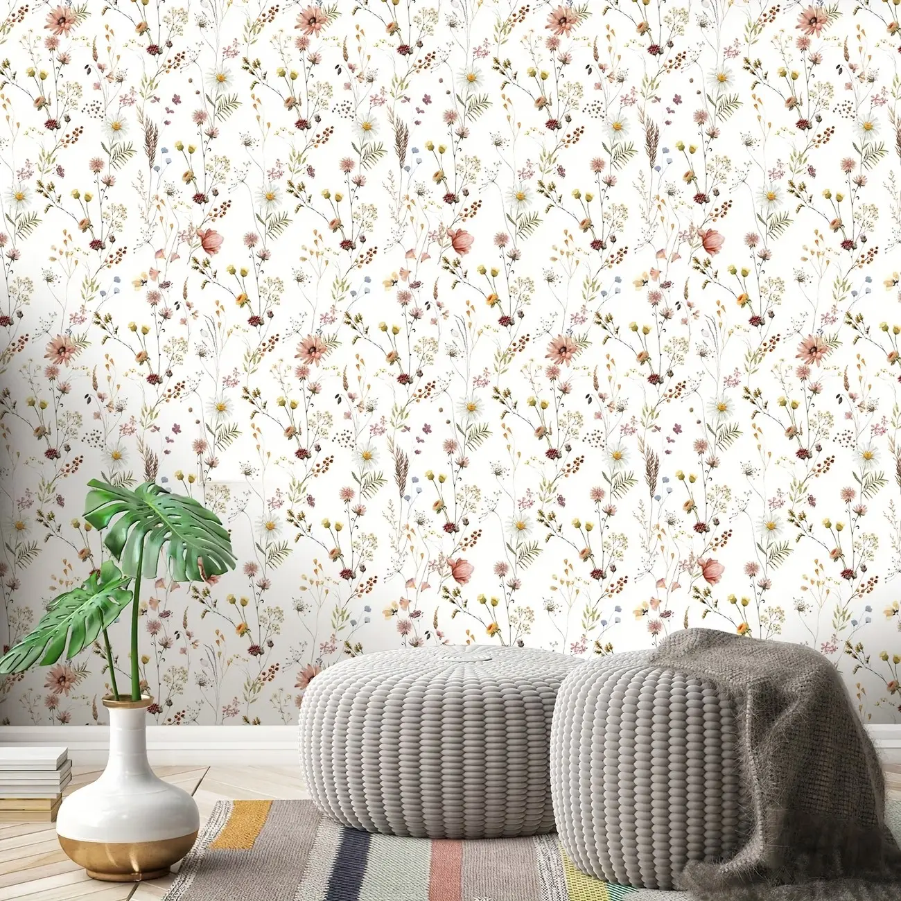 Cottagecore Wildflower Removable Wallpaper, Wall Cover, Peel and Stick Watercolor Floral Paper, Mould-Proof, Renter Friendly, Home Decor