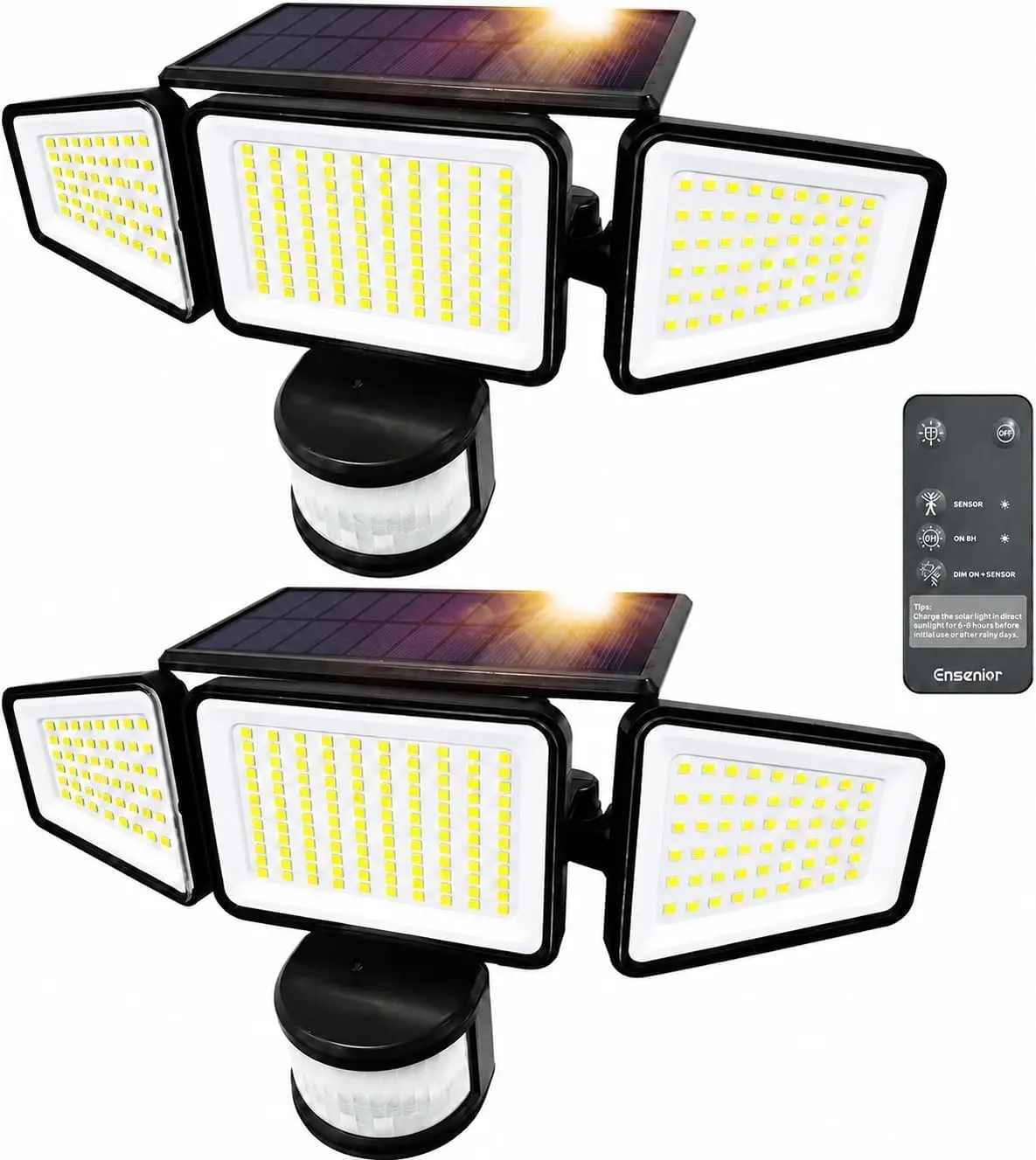Ennior Solar Motion Sensor Floodlights Outdoor (2 Pack), 3000LM 228 LED High Brightness Bluetooth Security Lights, IP65 Rated, 270° Wide Angle, Remote Control, 3 Heads, 4 Modes, Waterproof Solar Outdoor Lights Security Lighting, Motion Sensor Lights, Smar