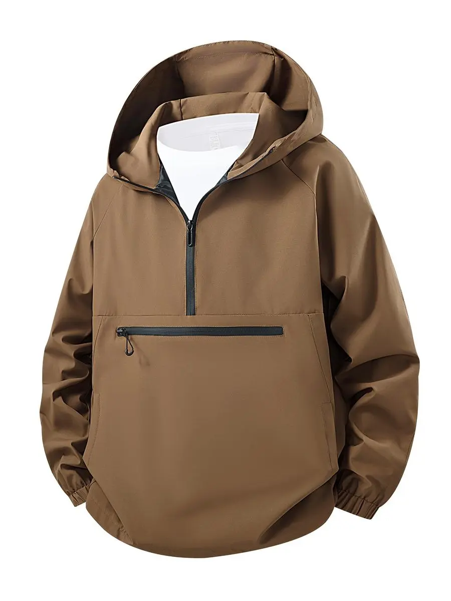 Men's Solid Coffee Water-Resistant Hooded Anorak Windbreaker Tops - Half-Front Zipper, Functional Zipper Pocket, Oversized Long-Sleeve Layering Jacket for Travel, Urban Wear (Pairs with Joggers, Cargo Pants, Sweatshirts)