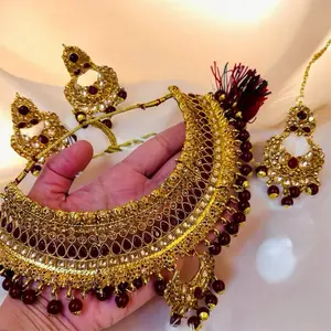 Gold Plated Maroon Beads & Gold Stone Choker Necklace Set - 4 Piece Beautiful Traditional Jewelry