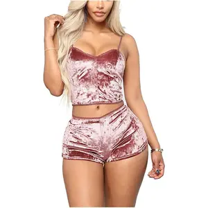 Velvet 2 Piece Outfit with Spaghetti Strap Sleeveless Crop Top and Shorts, Comfortable Bodycon Slim Fit for Summer Sleepwear