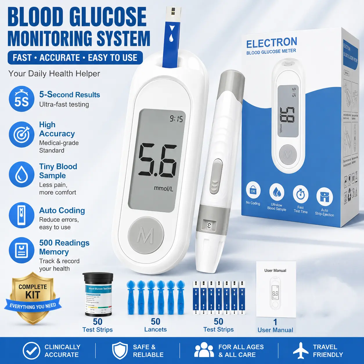 Blood Glucose Health Monitor Kit - 5-Second Fast Results, No Coding Required, Large Display, 500 Memory Records, 50 Test Strips, 50 Lancets, Lancing Device, Carrying Case