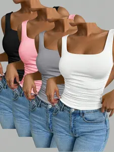 New Fashion Women's Slim Fit Versatile Basic Casual Comfort Square Neck Vest Set, 4 Piece Set, Fitted Style, Plain Pattern