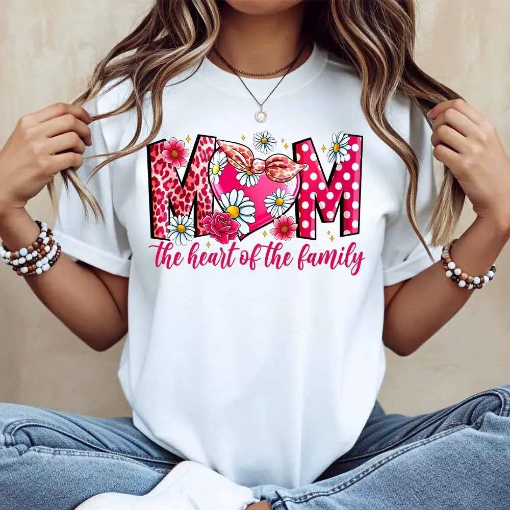 Floral Mom Heart Of The Family Print Tshirt White Casual Loose Fit Women's Top For Mother's Day And Everyday Wear
