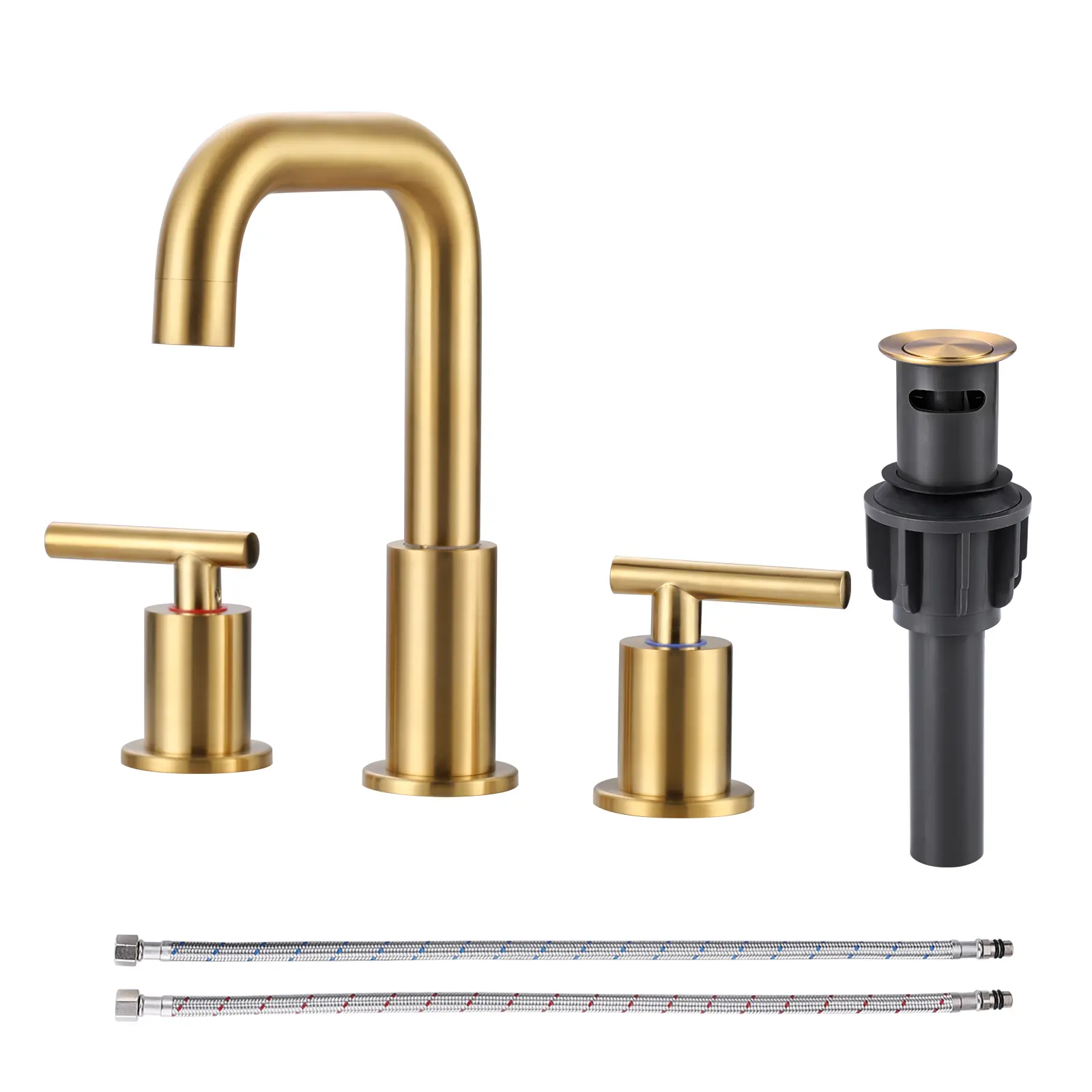 WOWOW 8 in. Widespread Brushed Gold Brass Modern Bathroom Faucet for Sinks - Double Handle, Vintage Glam, 360-Degree Rotating, Built-in Aeration, Pop-Up Drain Included Indoor Bath Complete Kit with Adaptable Design Bathroom Fixtures, Faucets For Bathroom
