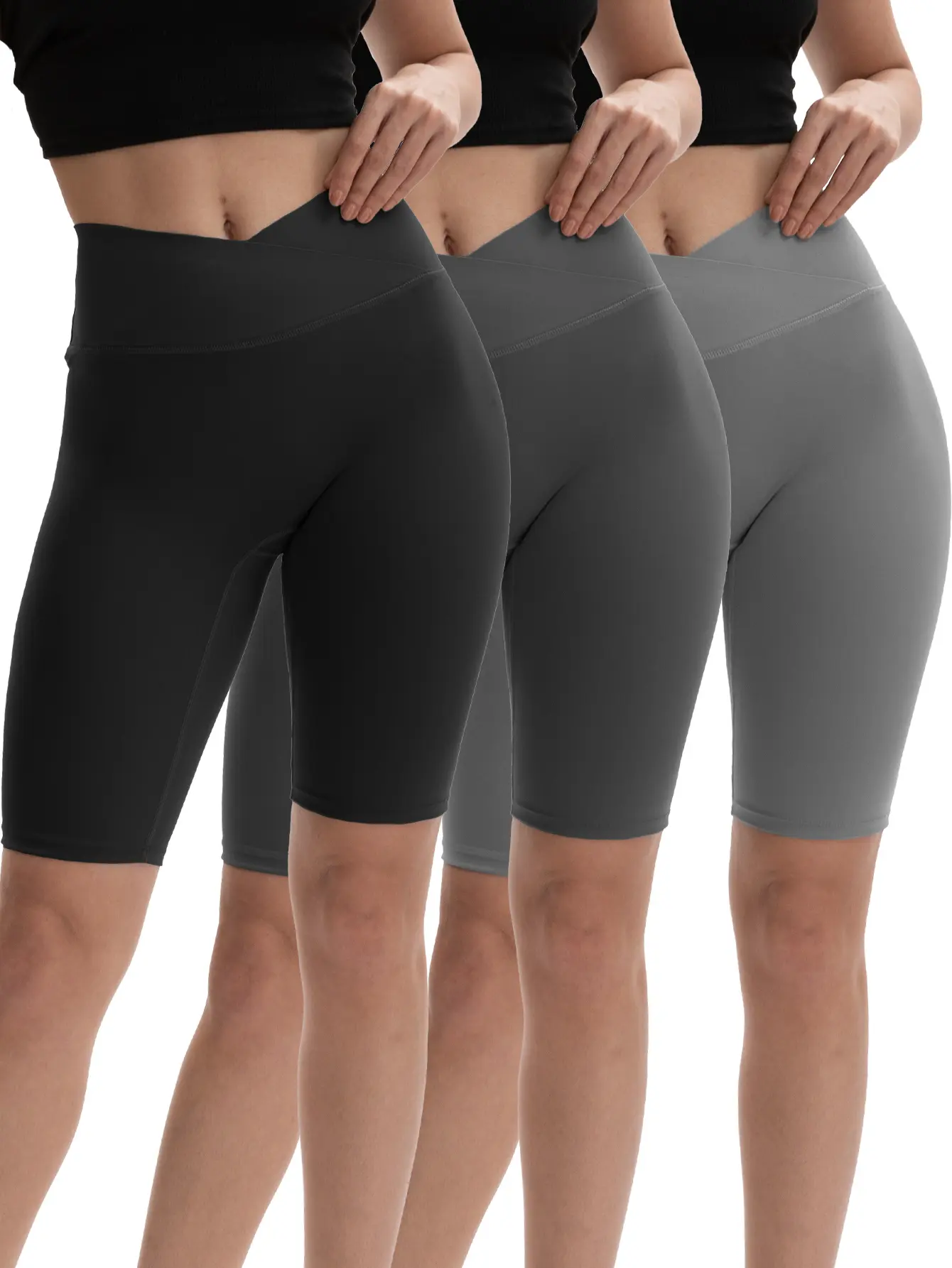 Women's 3-Pack Buttery Soft High-Waisted Pocketed Biker Shorts - Active Crossover Leggings with Tummy Control, Non-See-Through Workout Gear for Yoga/Running, Normal Type, Hand Wash Only