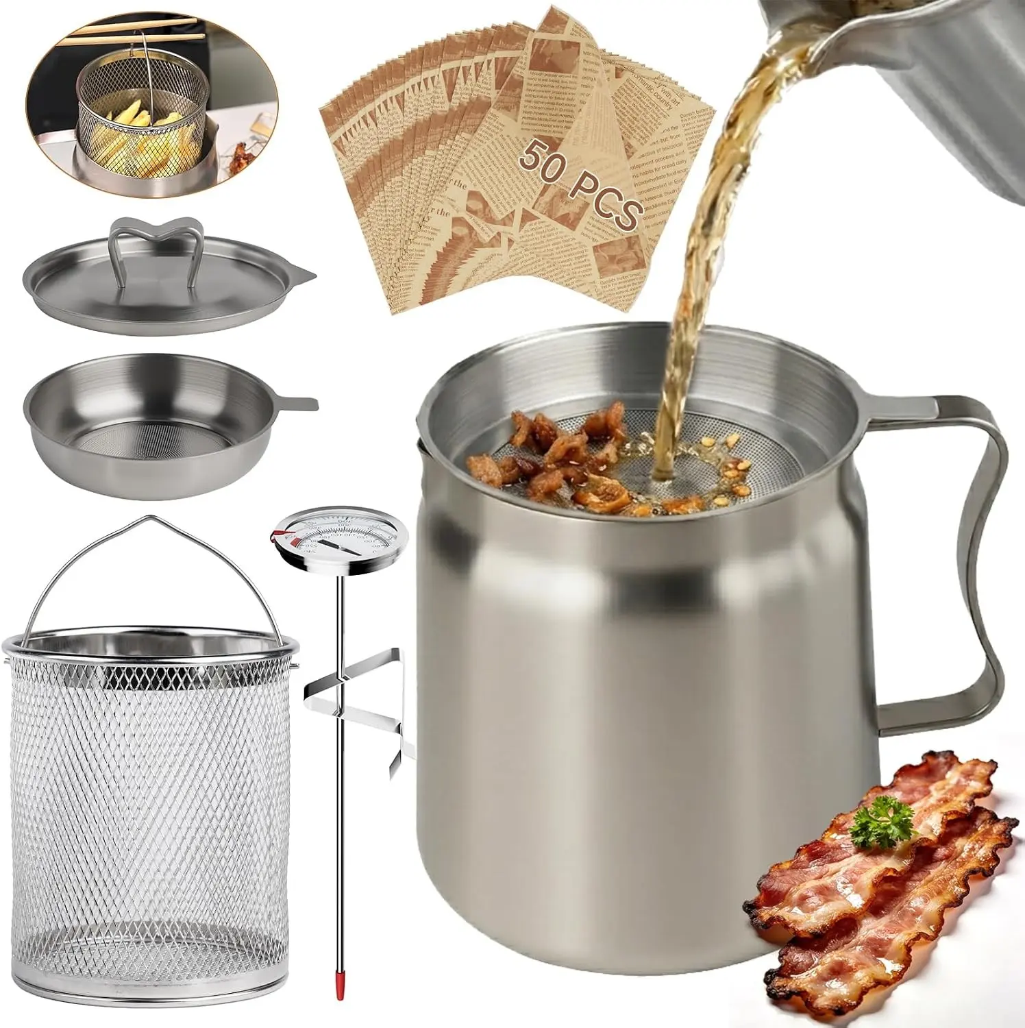 6 PCS 2L Oil Filter Pot Bacon Grease Saver with Strainer 68oz Large Capacity Fryer Pot with Basket Cooking Thermometer & 50 Wax Papers Stainless Steel Fryer for Kitchen Camping